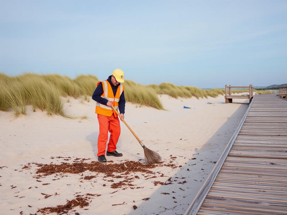 Arbetare i reflexväst rensar en svensk sandstrand – ett exempel på städning och rensning i offentlig utemiljö.