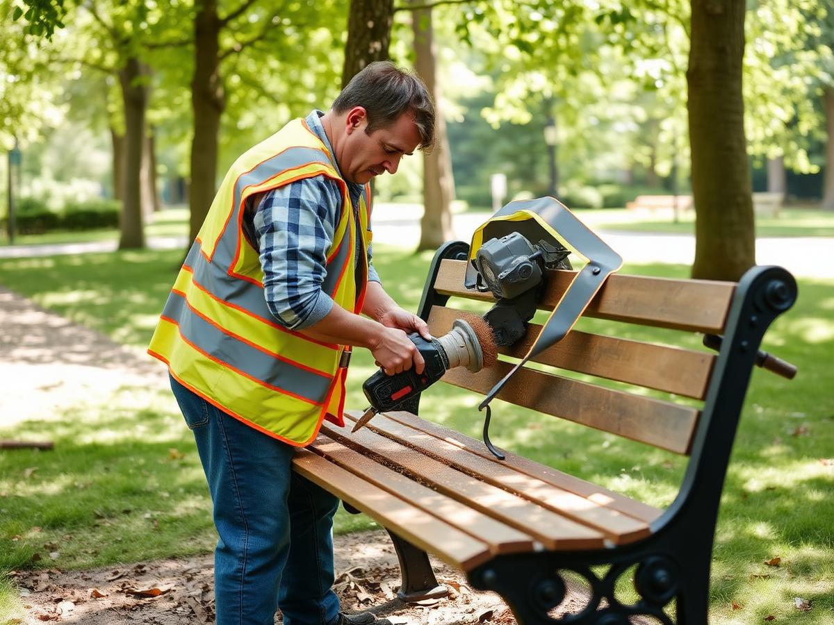 Arbetare slipar och lagar en parkbänk i en grön svensk park.