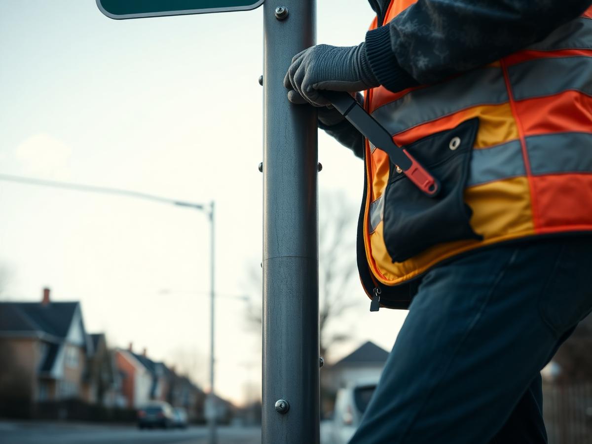 Arbetare riktar och fäster en skylt på en stolpe längs en svensk bostadsgata.